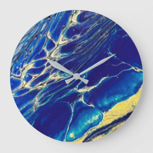 Grande Horloge Ronde Cadran ondulé bleu et or abstrait