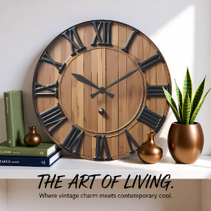 Grande Horloge Ronde Cadran romain sophistiqué en planche rustique