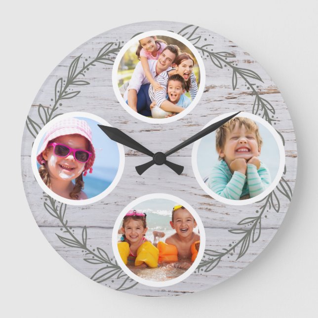 Grande Horloge Ronde Cadre de feuillage rustique Famille Multi Photo (Recto)