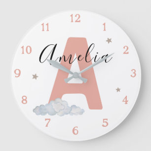 Grande Horloge Ronde Cadre de nurserie avec initiale de bébé rose et no