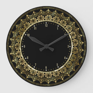 Grande Horloge Ronde Cadre en dentelle Cercle d'or Arrière - plan noir