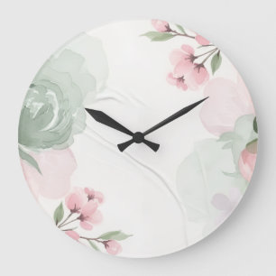 Grande Horloge Ronde Cadre floral rose et vert aquarelle doux