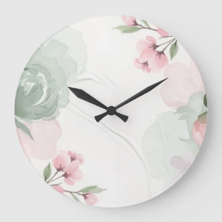 Grande Horloge Ronde Cadre floral rose et vert aquarelle doux