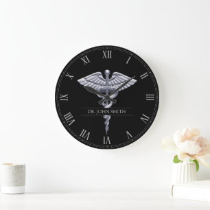 Grande Horloge Ronde Caducée argentée classique sur Médicale noir