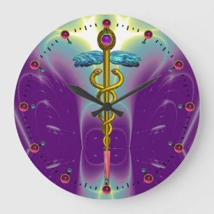 Grande Horloge Ronde CADUCÉE Médical Symbole Or Violet Vert Sarcelle