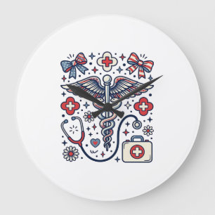 Grande Horloge Ronde Caducée Médical Vintage Nurse Patriotique Vecteur