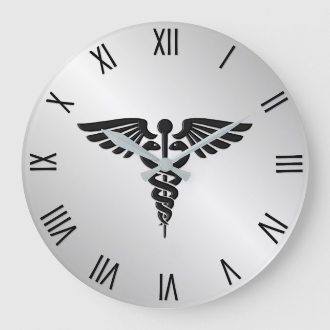 Grande Horloge Ronde Caducée Médicale en argent avec chiffres noirs (Recto)
