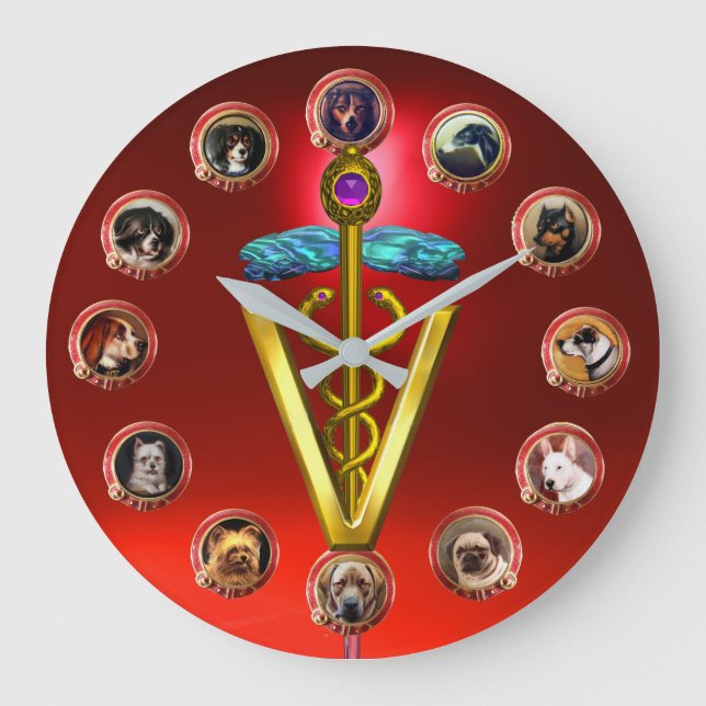 GRANDE HORLOGE RONDE CADUCÉE SYMBOLE VÉTÉRINAIRE PORTRAITS DE CHIENS VI (Recto)