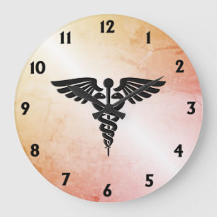 Grande Horloge Ronde Caduceus Médicale Look de marbre rustique
