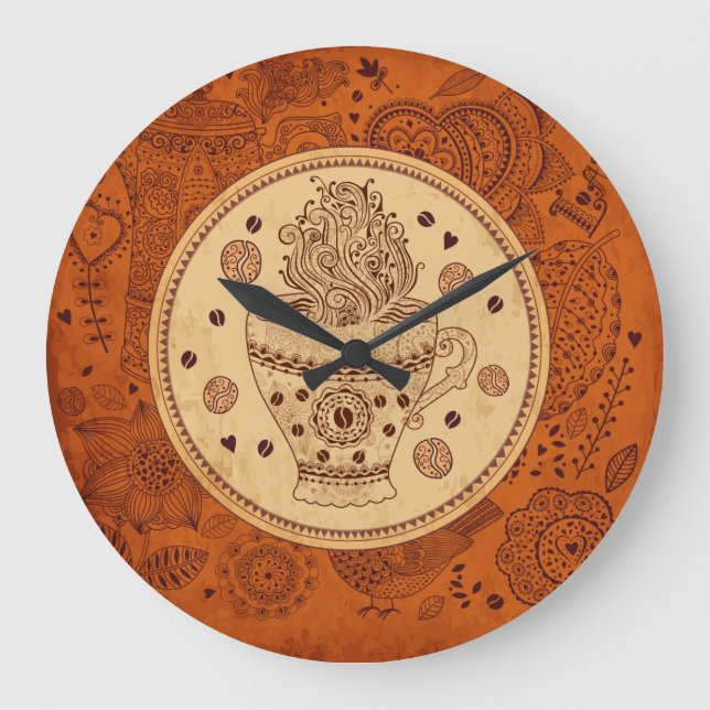 Grande Horloge Ronde Café Brown & Beige Design Fleurs rétro (Recto)