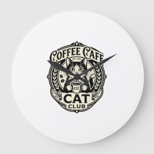 Grande Horloge Ronde Café Café Chat Drôle Chat Graphique - Café Café Ca
