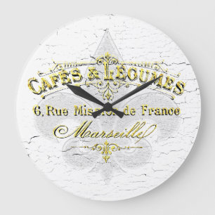 Grande Horloge Ronde Café Fleur-de-lis Peinture Patinée