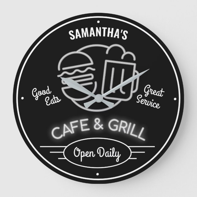 Grande Horloge Ronde Cafe Grill Fifties Neon Effect Black White Retro (Recto)