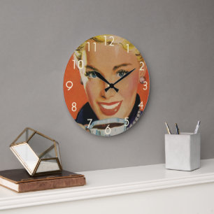 Grande Horloge Ronde Café Vintage, Femme Heureuse avec Tasse de Café Ré