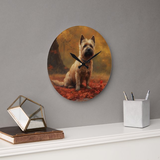 Grande Horloge Ronde Cairn Terrier en automne Leaves automne Inspire (Bureau)