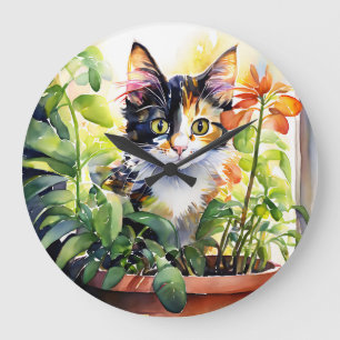 Grande Horloge Ronde Calico Chat derrière un Plante en pointillés