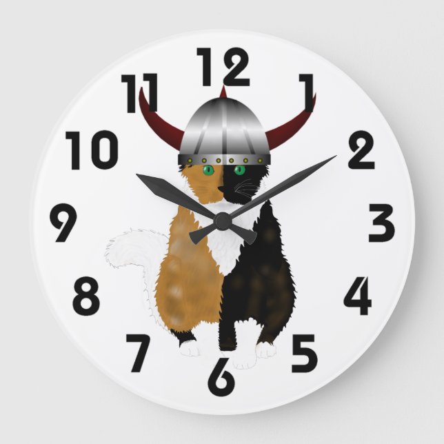 Grande Horloge Ronde Calico Viking Cat Clock (Recto)