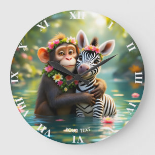 Grande Horloge Ronde Calin de zèbre de singe mignon fantastique