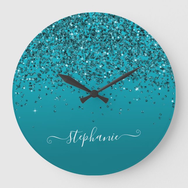 Grande Horloge Ronde Calligraphie de fille rayonnante turquoise foncée (Recto)