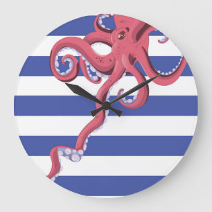 Grande Horloge Ronde Calmar plongeant sous l'eau avec des rayures.