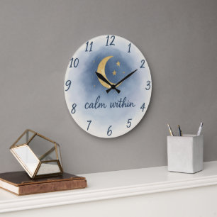 Grande Horloge Ronde Calme Intérieur – Sérénité de la Lune et des Étoil
