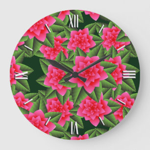 Grande Horloge Ronde Camellias rose corail et Feuilles verts