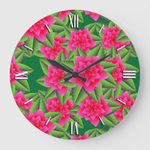 Grande Horloge Ronde Camellias roses de Fuschia et Feuilles verts