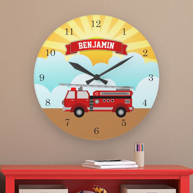Grande Horloge Ronde Camion de pompiers Personnalisé avec le nom de l'e (Créateur téléchargé)