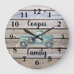 Grande Horloge Ronde Camion Vert Vintage Rustique Planche de Bois Nom d