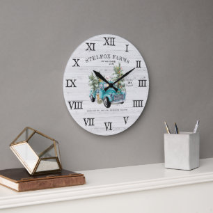Grande Horloge Ronde Camionnette de Ferme Bleue Rustique Noël Nom de Fa