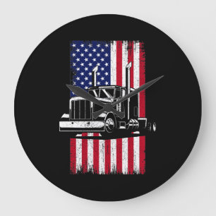 Grande Horloge Ronde Camionneur américain Drapeau Trucker