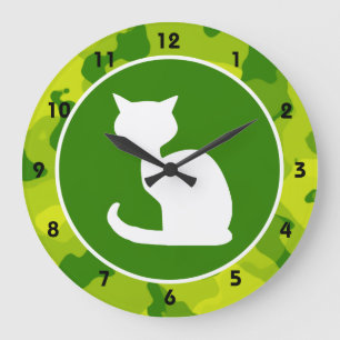 Grande Horloge Ronde Camo vert pomme ; Chat blanc