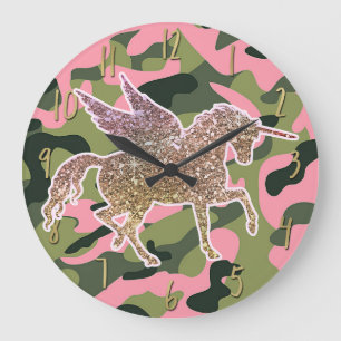 Grande Horloge Ronde Camouflage de Camo et licorne verts roses de