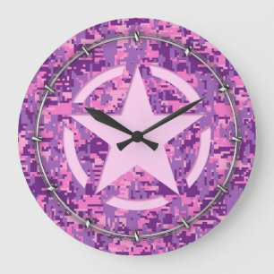 Grande Horloge Ronde Camouflage numérique rose-chaud