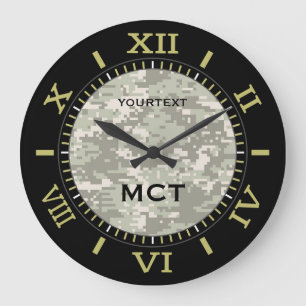 Grande Horloge Ronde Camouflage numérique vert Monogramme personnalisé