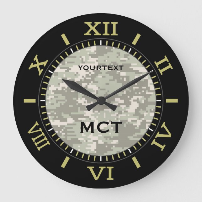 Grande Horloge Ronde Camouflage numérique vert Monogramme personnalisé (Recto)