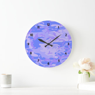Grande Horloge Ronde Camouflage Pastel Bleu Motif Abstrait Tour