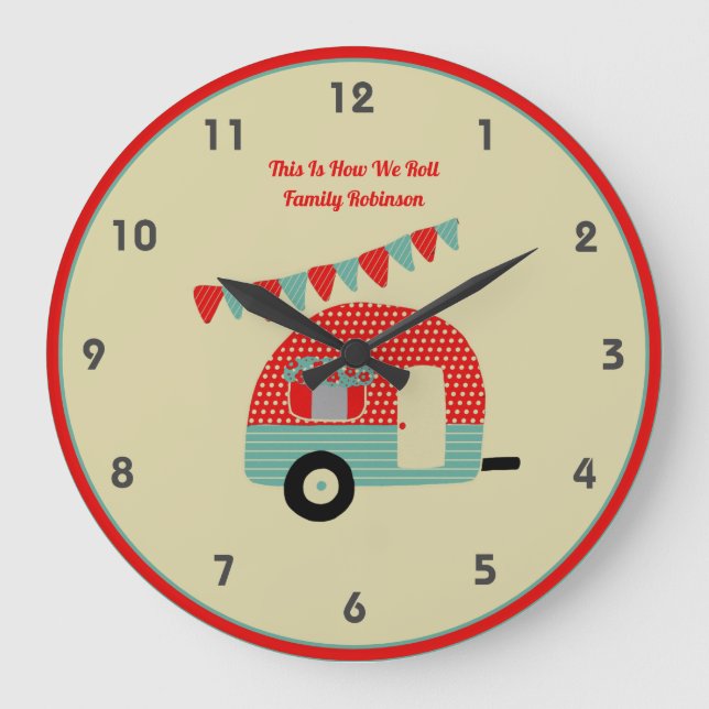 Grande Horloge Ronde Campervan Rouge Turquoise Chic Shabby (Recto)