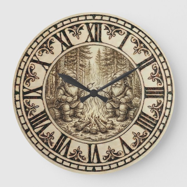 Grande Horloge Ronde Campfire Gnomes Wooden Wall Clock  (Recto)