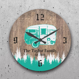 Grande Horloge Ronde Camping Trailer Happy Campers Nom de famille Bois