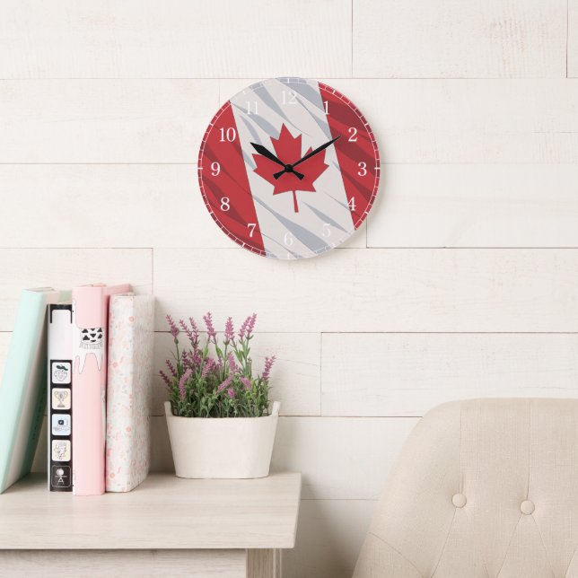 Grande Horloge Ronde Canada Flag Wall Clock — Waving Flag Design (Salle de lecture)