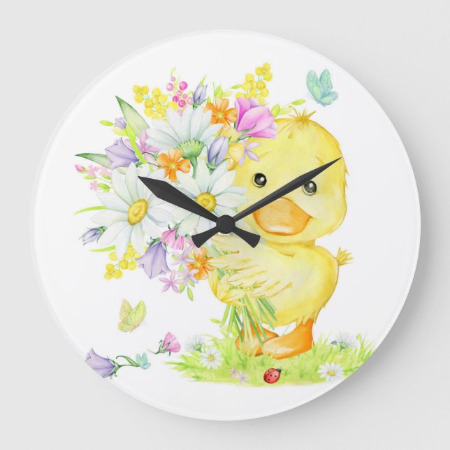 Grande Horloge Ronde Canard Jaune Et Bouquet (Recto)
