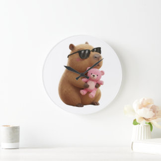 Grande Horloge Ronde Capybara décontracté avec un ours en peluche rose