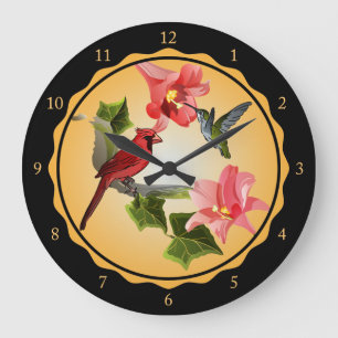 Grande Horloge Ronde Cardinal et Colibri avec Lys roses et Ivy