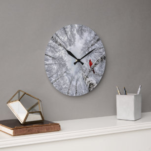 Grande Horloge Ronde Cardinal rouge dans une forêt de bouleaux blancs h