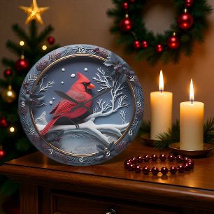 Grande Horloge Ronde Cardinal rouge enneigé en hiver