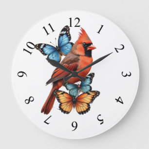 Grande Horloge Ronde Cardinal rouge et papillons