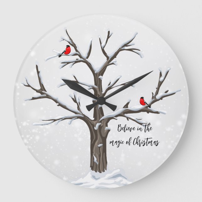 Grande Horloge Ronde Cardinaux rouges d'hiver sur Snowtree (Recto)
