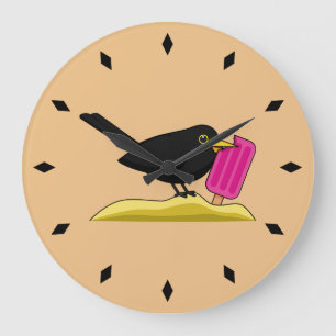 Grande Horloge Ronde Caricature Blackbird Manger Une Crème De Glace