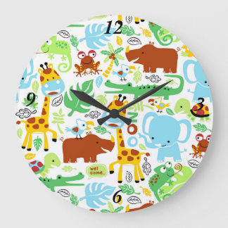 Grande Horloge Ronde Caricature colorée de la jungle